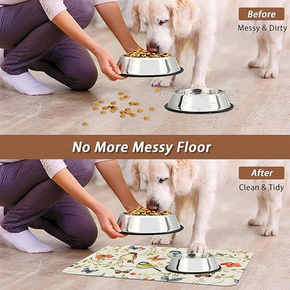 Butterfly Bird Dog Food Mat for Floors,Vintage Nature Absorbent Pet Food and Water Bowl Mats,Non-Slip Pet Feeding Mat,Pet Supplies 16" x 24"
