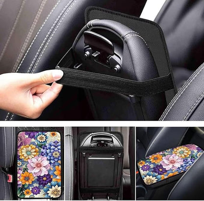 JoyLamoria Auto Center Console Cover Boho Floral Print Car Armrest Cover Universal Fit Comfort Armrest Cushion for Car Seat Handrail Box