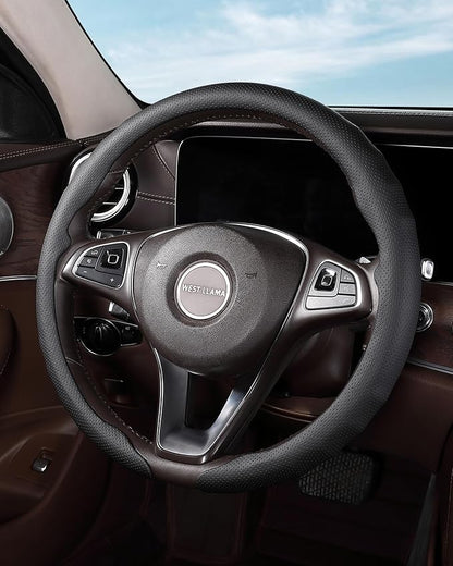 West Llama Nappa Leather Steering Wheel Cover for Car,Thin Steering Wheel Wrap Universal 14.5-15 Inch,Fit Cars,SUVs,Trucks(Black-O-Shaped)