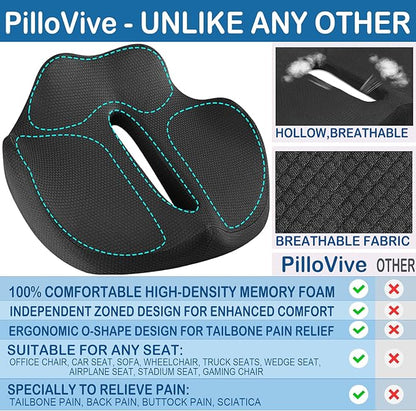 Ergonomic Seat Cushion for Office Chair &Car-Advanced Memory Foam Coccyx Pillow for Tailbone,Sciatica &Lower Back Pain Relief-Non-Slip Desk Chair Pad for Long Sitting,Posture Support-Black
