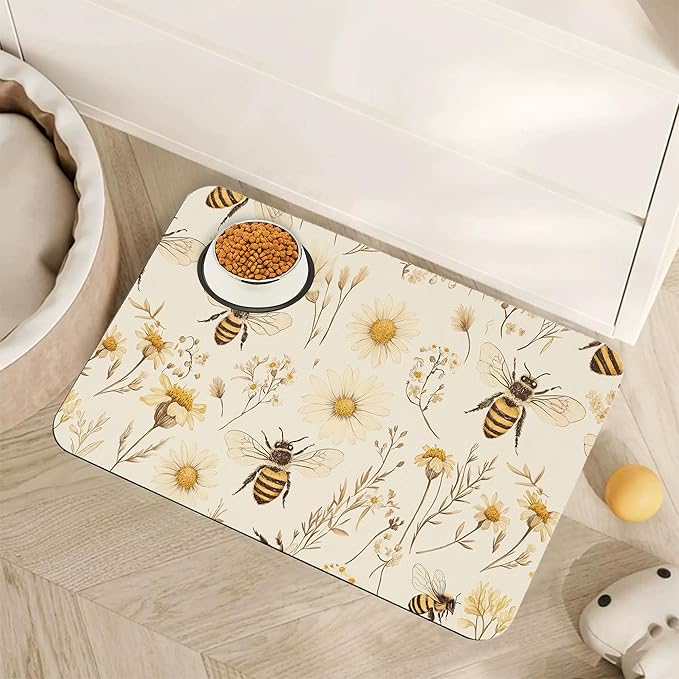 Bees Boho Daisy Floral Dog Food Mat for Floors,Absorbent Pet Food and Water Bowl Mats,Non-Slip Pet Feeding Mat,Pet Supplies 16" x 24"