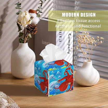 BLYKVGHQ Octopus and Jellyfish Tissue Box Cover Square, Coral Reef Tissue Box Holder with Bottom Belt Leather Facial Paper Organizer Dispenser for Bathroom Bedroom Dresser Night Stand Tabletop