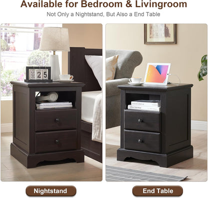 T4TREAM Nightstand with Charging Station, 18 Inch Vintage End Table with 2 Drawers for Living Room, Wood Rustic Sofa Side Table with Open Storage Shelf for Bedroom, Espresso