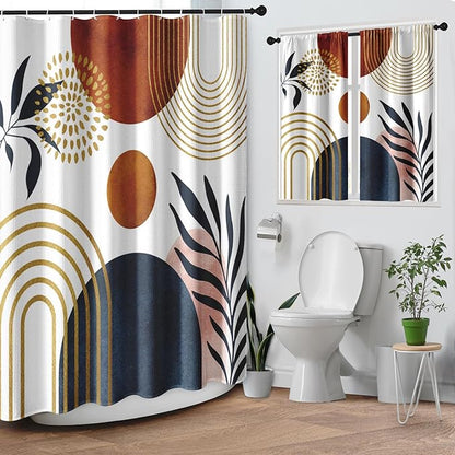 Culudea Boho Geometric Leaf Shower Curtain Set, Mid Century Sun Bohemian Bathroom Window Waffle Textured Cloth Waterproof Shower Curtains for Bathroom Decor