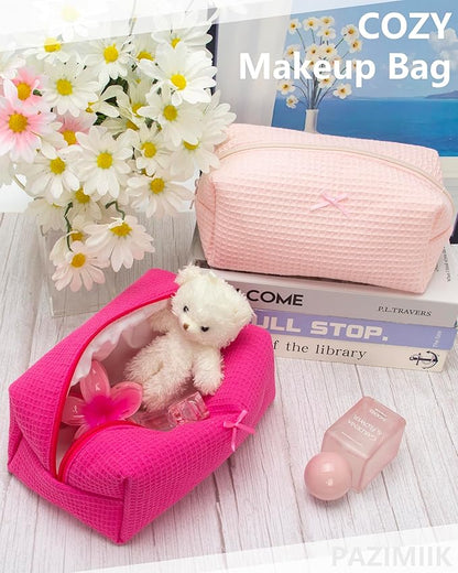 PAZIMIIK Cozy Makeup Bag Travel Cosmetic Bag for Women Soft Toiletry Bag Aesthetic Makeup Organizer Portable Large Zipper Pouch for Skincare Beauty Accessories Brushes Waffle Hotpink