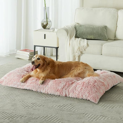 BFPETHOME Dog Beds for Large Dogs, Plush Dog Crate Bed Fluffy Cozy Kennel Pad for Sleeping &Ease Anxiety, Washable Pet Mats with Anti-Slip Bottom for Large Dogs, Pink