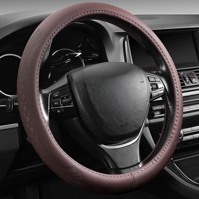 【2025 Model】 Breathable Soft Leather Car Steering Wheel Cover for Men Women, Non-Slip, Comfortable,Universal 15 inches Steering Wheels, Brown