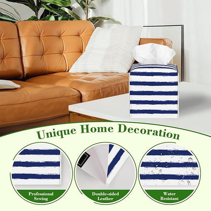 Navy Blue Stripes Tissue Box Cover,Color Horizontal Striped Waterproof Leather Square Tissue Box Cover Case Facial Paper Organizer Dispenser Box Holder for Home Office Bathroom Vanity Countertop