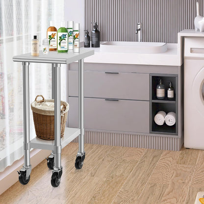 HARDURA Stainless Steel Commercial Table Prep & Work Table with Casters Heavy Duty Metal Table with Wheels NSF 430 24×15 Inches