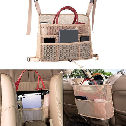 eing Car Net Pocket Handbag Holder Between Seats Back Storage Organizer 3 - Layers Purse Holder for Console Front Seat Storage Barrier, Beige