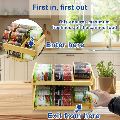 MinBoo Adjustable Can Organizer Rack, Two Tier Bamboo Stackable FIFO Cans Dispenser, Modern Style, Countertop, Assembly Required, Anti Shedding