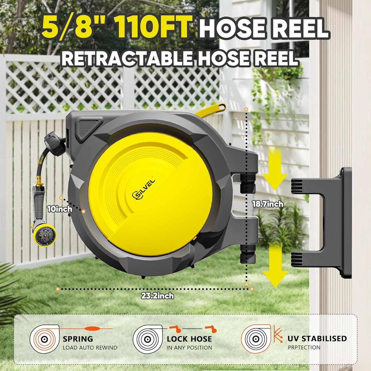 SILVEL Retractable Garden Hose Reel – 5/8 in x 110FT Heavy Duty Automatic Hose Reel Wall Mounted, UV Resistant with 10 Pattern Nozzle, Any Length Lock & Slow Return System, 180°Swivel Bracket, Yellow