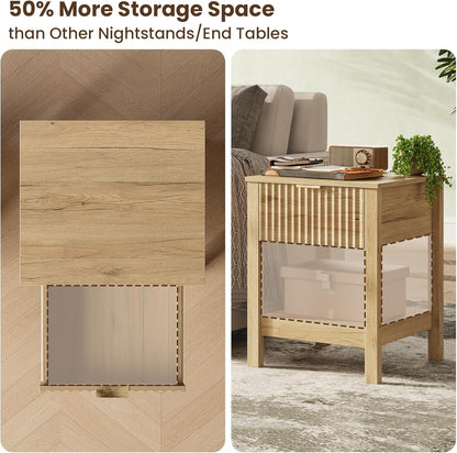 Fluted Night Stand with Golden Handle,Mid-Century Nightstands with Drawer,Modern Bedside Table with Storage Shelf,Large End Tables for Livingroom,Bed Side Tables for Bedroom,Natural Oak
