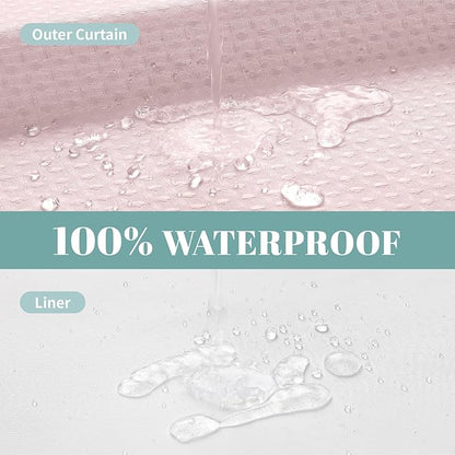 eachope BlushPink Long No Hook Waffle Weave Shower Curtain with snap-in Liner Replacement, 230GSM Waterproof Fabric Hotel Shower Curtain Set for Bathroom, Through Mesh Top Window,71Wx80H