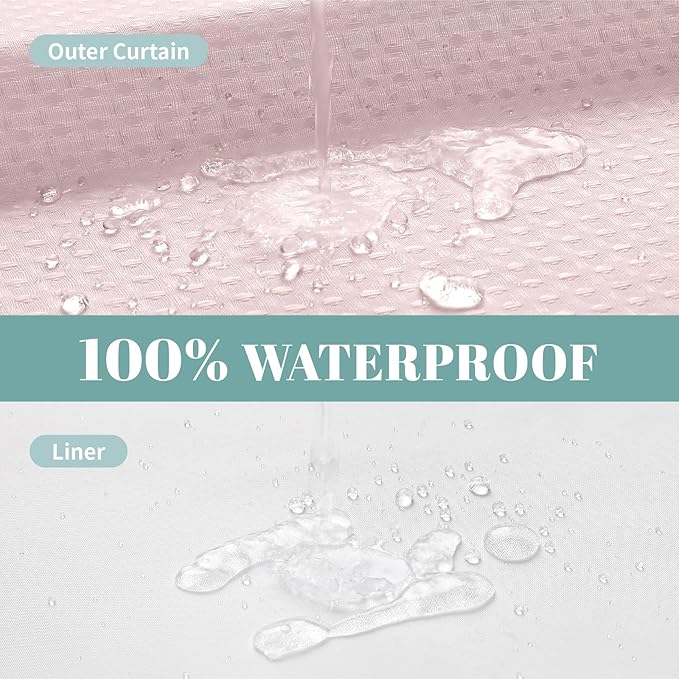 eachope BlushPink Extra Long No Hook Waffle Weave Shower Curtain with snap-in Liner Replacement, 230GSM Waterproof Fabric Hotel Shower Curtain Set for Bathroom, Through Mesh Top Window,71Wx86H