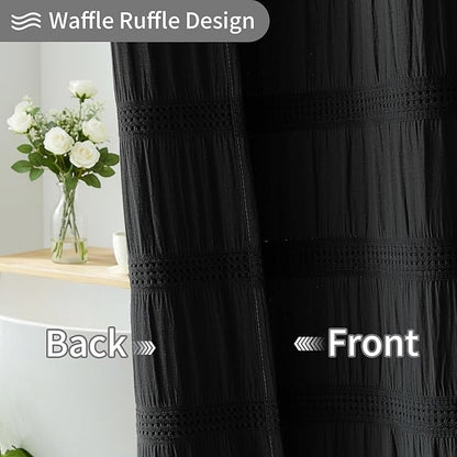 Lameirose Extra Long Black Shower Curtain Farmhouse,72 x 96 Cotton Blend Waffle Tufted Striped Chic Textured Fabric Shower Curtain for Bathroom, Hotel, Washable