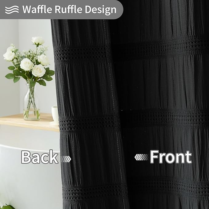 Lameirose Extra Long Black Shower Curtain Farmhouse,72 x 78 Cotton Blend Waffle Tufted Striped Chic Textured Fabric Shower Curtain for Bathroom, Hotel, Washable