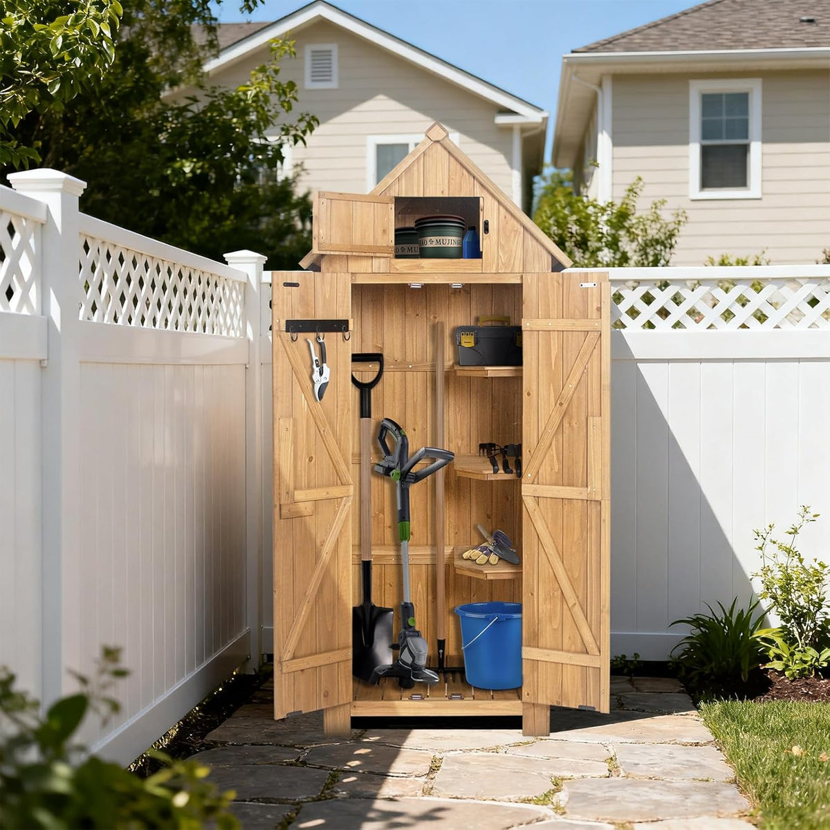 Wooden Outdoor Storage Shed with Double Doors,70” Tall Waterproof Storage Shed with Lock,Sheds & Outdoor Storage with Windproof Tipping for Deck,Backyard Garden and Yard