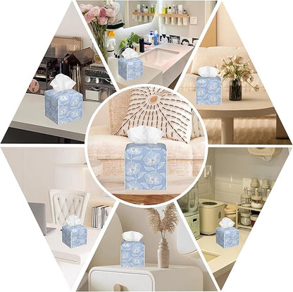 Leather Tissue Box Holder Blue Floral Tissue Box Cover Facial Paper Case Organizer Cube Napkin Dispenser for Bathroom Vanity Countertop Night Stand Office Car