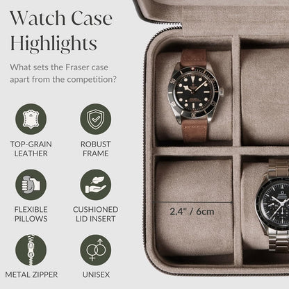TAWBURY Watch Case - 8 Slot Genuine Top-Grain Leather Watch Box for Men & Women with Extra Wide Pillows for Large Watches - Portable Wristwatch Storage for Home & Travel (Taupe)