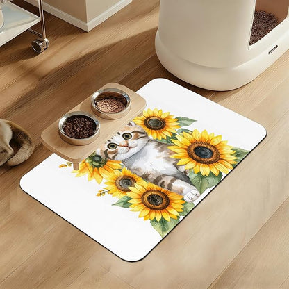 Cute Cat Sunflower Pet Feeding Mat for Floors–Christmas Stocking Absorbent Quick Dry Dog Cat Bowl Mat for Food and Water, Non Slip Waterproof Base, Mess-Free Feeding Accessories 12"x20"