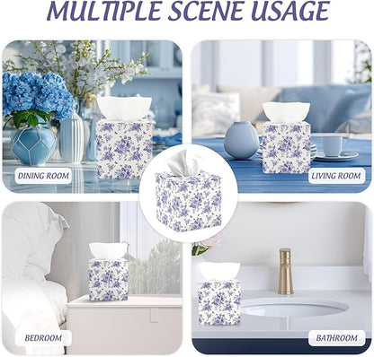 JarThenaAMCS Blue Floral Tissue Box Cover with Magnetic Closure PU Leather Tissue Holder Chinoiserie Flower Butterfly Square Napkin Box for Home Office Bedroom Countertop Decor