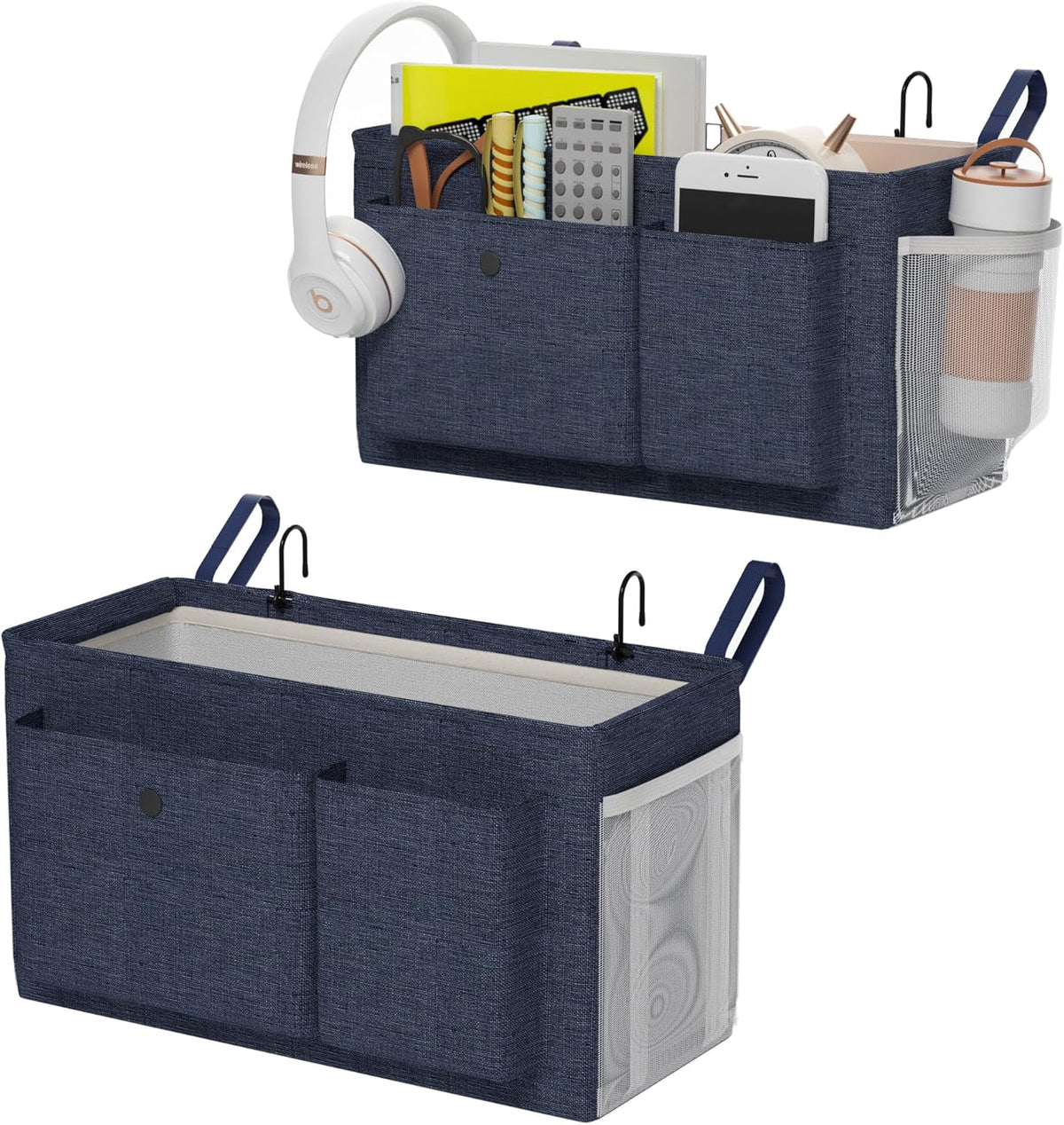 Bedside Caddy Bedside Organizer with Fixed Straps & Water Bottle Holder, Bunk Bed Caddy ideal for Home, Dorm, Hospital, Crib, Versatile Bedside Storage Solution (Navy 2pcs)