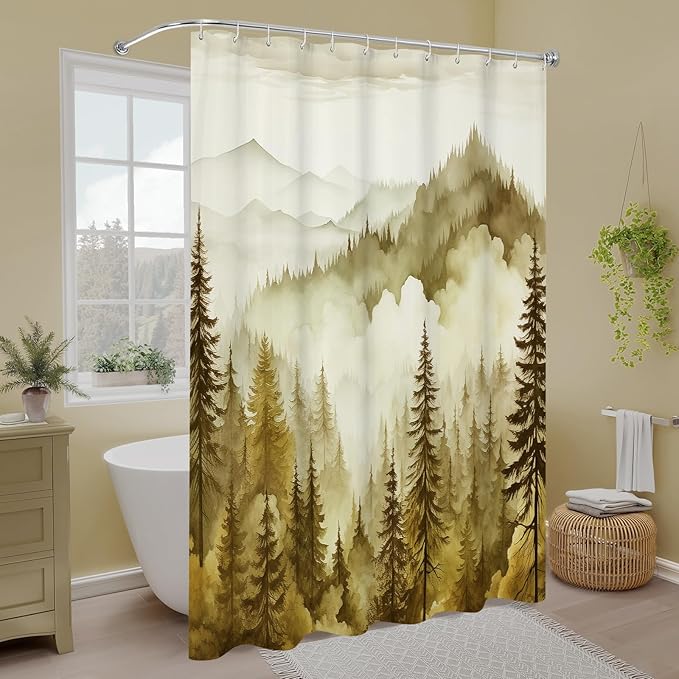 Litabel Yellow Long Misty Pine Forest Shower Curtain 72 x 78, Mountain Foggy Woodland Scenery Tree 78 Inch Long Shower Curtains for Bathroom, Abstract Waterproof Nature-Themed Decor