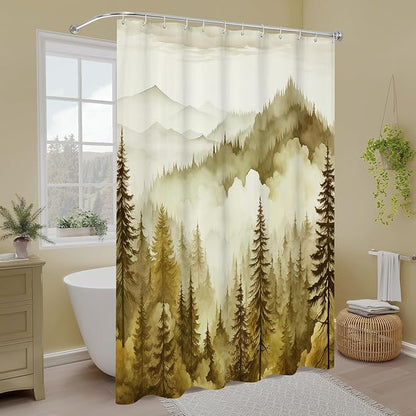 Litabel Yellow Long Misty Pine Forest Shower Curtain 72 x 78, Mountain Foggy Woodland Scenery Tree 78 Inch Long Shower Curtains for Bathroom, Abstract Waterproof Nature-Themed Decor