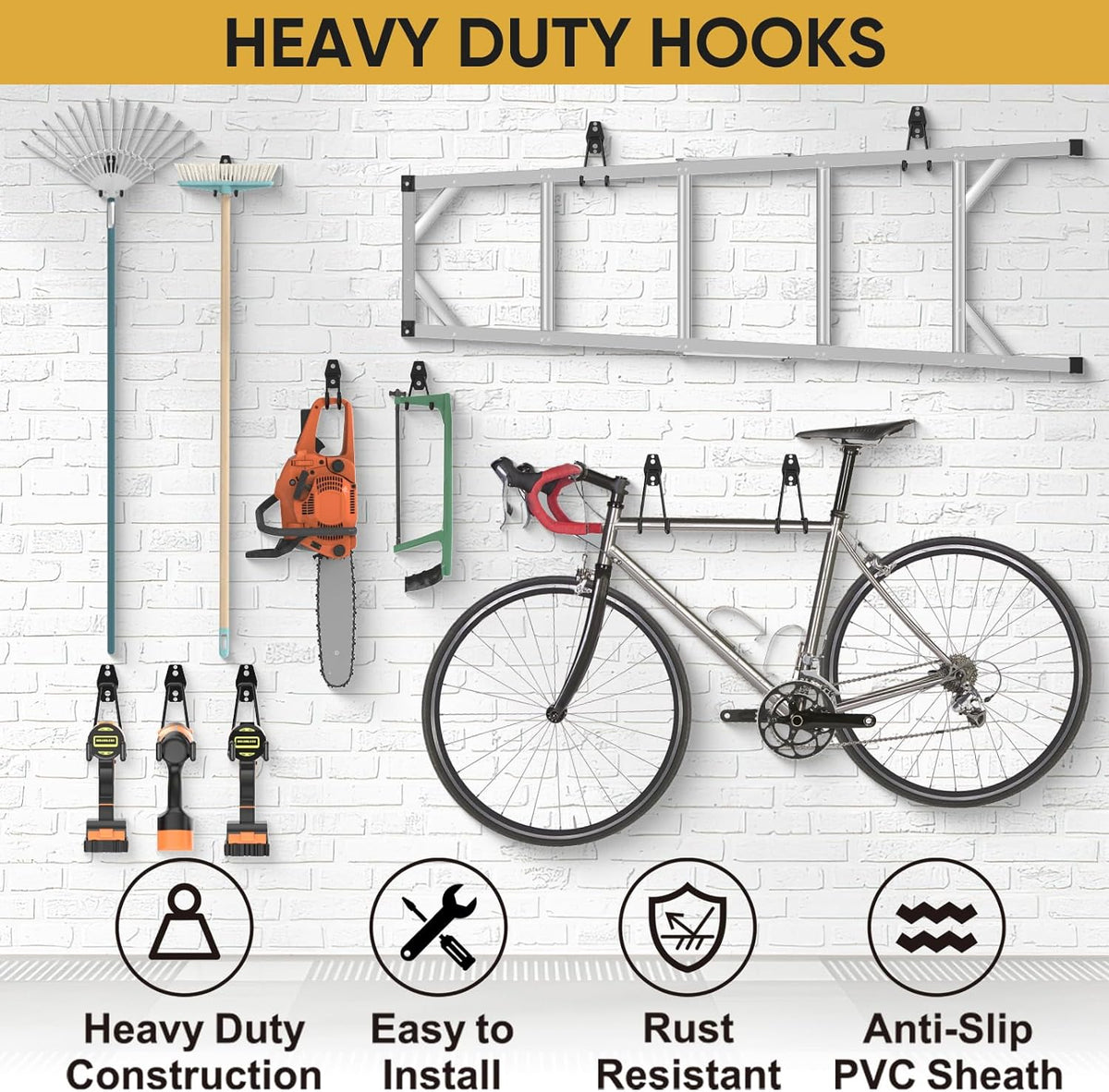 TICONN 2 Pack Heavy Duty Garage Hooks, Steel Utility Wall Storage Hooks, Wall Mount Hanger Organizer for Ladders, Bikes, Tools, Bulky Items (Large, Black Square)