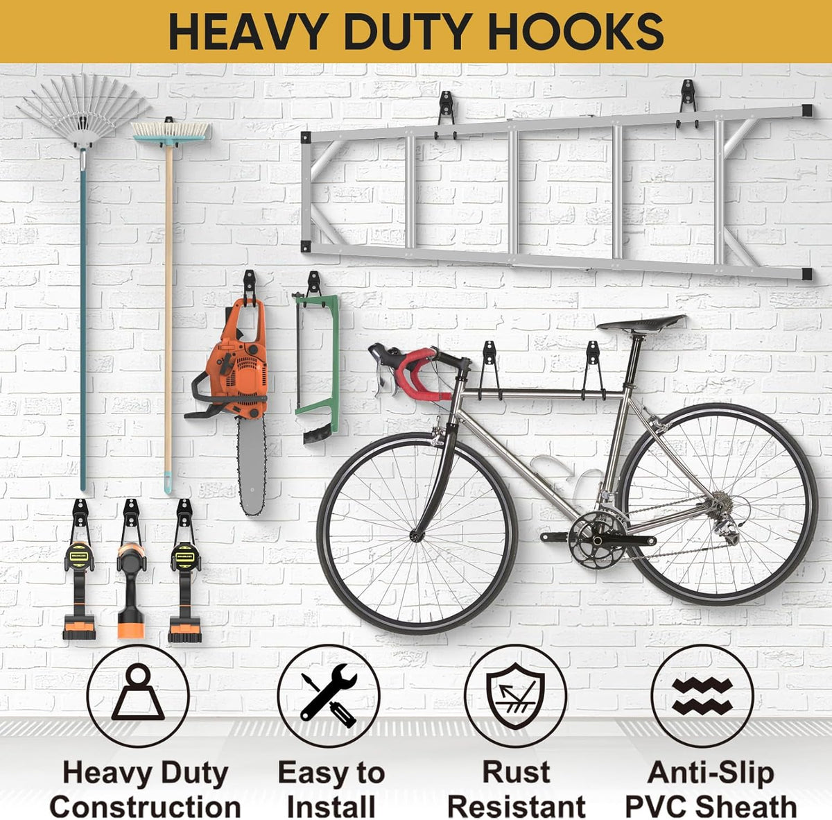 TICONN 2 Pack Heavy Duty Garage Hooks, Steel Utility Wall Storage Hooks, Wall Mount Hanger Organizer for Ladders, Bikes, Tools, Bulky Items (Small, Black Circular)