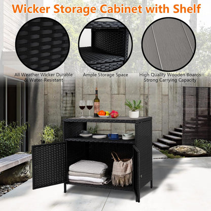Garvee Patio Outdoor Wicker Storage Cabinet with Shelf, Powder Coated Steel, Patio Bar Table with 2-Door and Shelf, All Weather Resin Wicker, Patio Pool Garden Kitchen, Grey Table