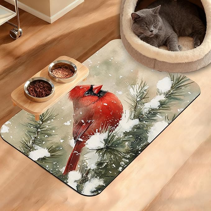 Pet Feeding Mat,Cardinal Bird Absorbent Dog Cat Food Mat Christmas Dog Mat with Rubber Backing,Non-Slip Water Bowl Placemat,Pet Supplies 16" x 24"