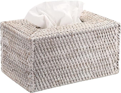 Sumnacon Tissue Box Cover Large Rectangle Tissue Box Rattan Tissue Box Holder,Wicker Decorative Tissue Holder for Bathroom Toilet Living Room Kitchen Office Table Desk,Whitewash