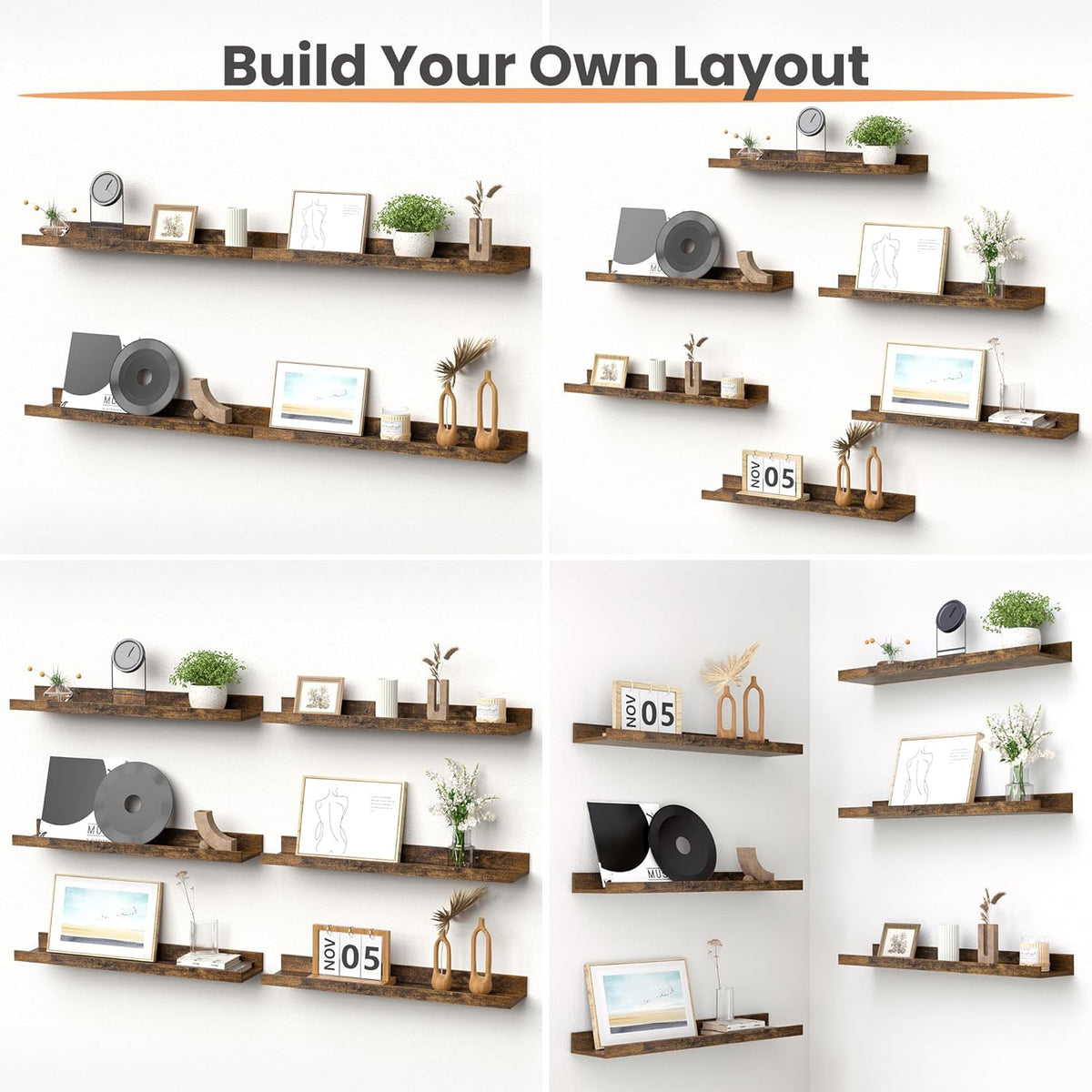 upsimples Floating Shelves for Wall, 23.6 Inch Shelves for Decor Storage Set of 6, Wall Mounted Wood Shelf for Bedroom, Living Room, Bathroom, Kitchen, Long Picture Ledge Shelves, Brown