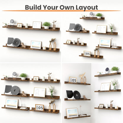 upsimples Floating Shelves for Wall, 23.6 Inch Shelves for Decor Storage Set of 6, Wall Mounted Wood Shelf for Bedroom, Living Room, Bathroom, Kitchen, Long Picture Ledge Shelves, Brown