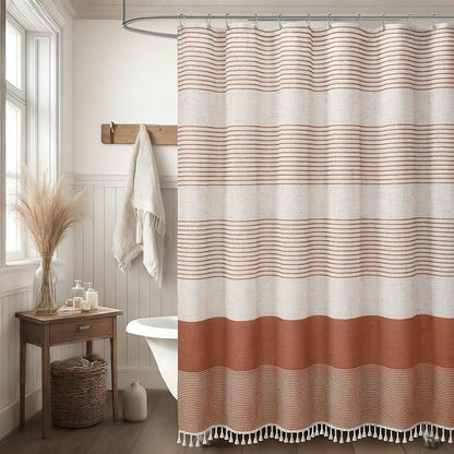 XOGUIBO Coral Shower Curtain Boho Linen Striped Shower Curtains for Bathroom with Tassel 72 X 72