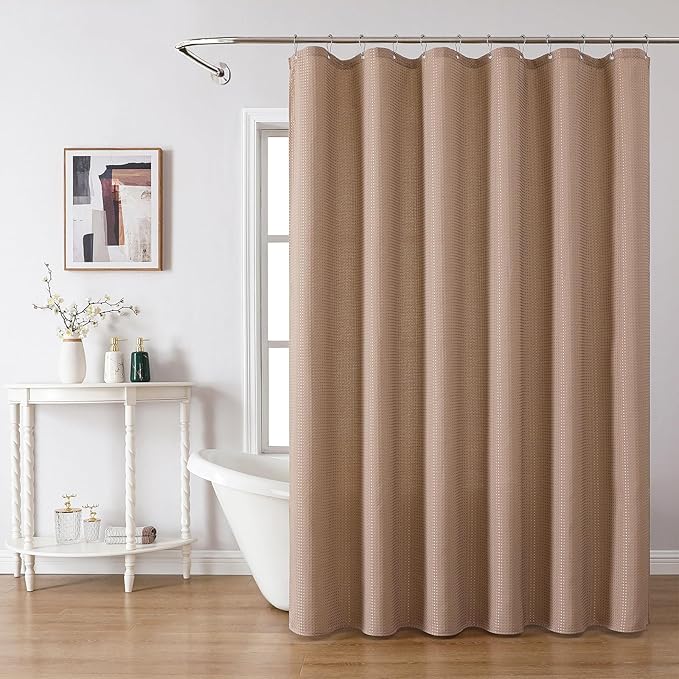 meioro Beige Shower Curtain, Waffle Weave 256GSM Heavy Duty Textured Fabric Shower Curtains for Bathroom Hotel Spa, Luxury Weighted Polyester Cloth Bath Curtain Set with 12 Hooks, 72Wx84H