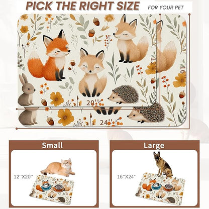 Fox Hedgehog Rabbit Forest Dog Cat Food Mat,Absorbent Pet Feeding Mat with Rubber Backing,Non-Slip Water Bowl Placemat,Indoor Pet Accessories Supplies 12"x20"