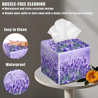 BLYKVGHQ Lavender Flowers Tissue Box Cover Square, Tissue Box Holder with Bottom Belt Leather Facial Paper Organizer Dispenser for Bathroom Bedroom Dresser Night Stand Tabletop