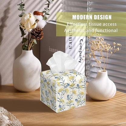 BLYKVGHQ Yellow Berries and Leaves Tissue Box Cover Square, Autumn Floral Tissue Box Holder with Bottom Belt Leather Facial Paper Organizer Dispenser for Bathroom Bedroom Dresser Night Stand Tabletop