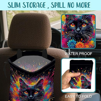 British Shorthair Cat Car Garbage Bag Colorful Splash Drawstring Car Trash Bag Hanging for Back Seat with Adjustable Buckle Canvas Vehicle Trash Can Easy-to-Install