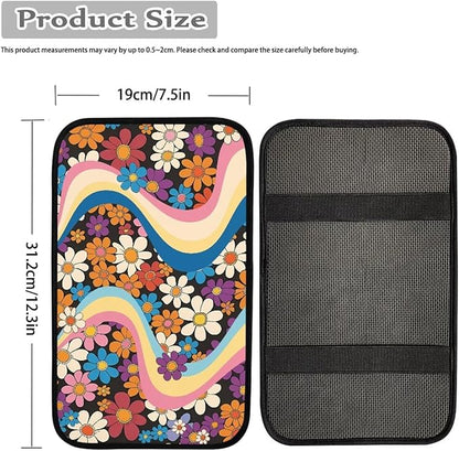Hippie Floral 70s Car Center Console Cushion Pad Flower Hippy Armrest Box Protector Cover Universal Fit Dustproof Car Arm Rest Cover Auto Interior Decoration