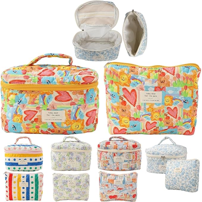 Fcteap Makeup Bag Travel Essentials Quilted Cosmetic Toiletry Pouch Organizer Insert for Women Dorm Room Essential Gift Large Capacity Opening Lightweight Cute Aesthetic Portable 2PCS (Heart)