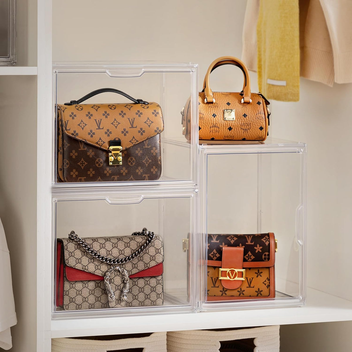 HBlife 4 Pack Purse Storage Organizer for Closet, Large Clear Stackable Handbag Display Case Box with Magnetic Door for Collectibles, Cosmetics, Women Heels and Toys