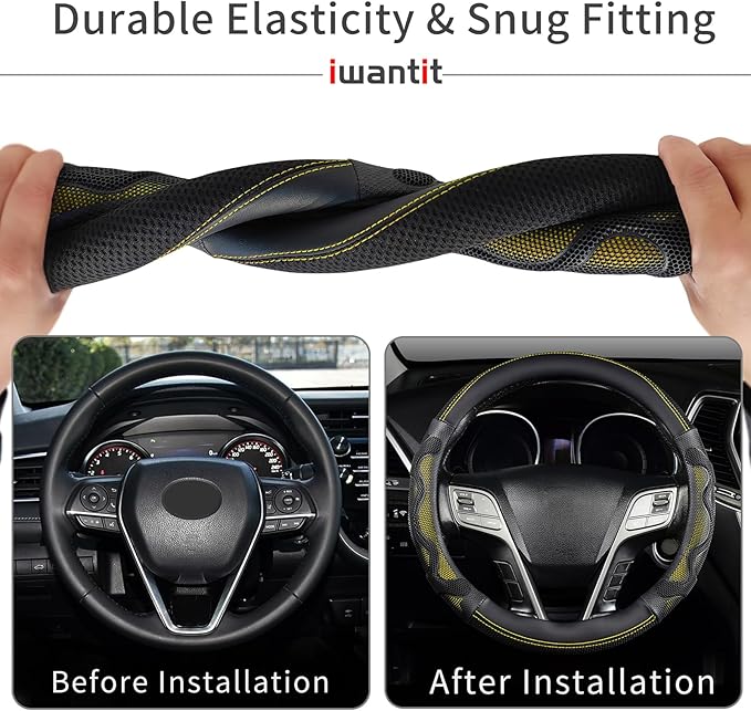 Iwantit® Steering Wheel Cover with 3D Honeycomb Anti-Slip Design and Breathable Fabrics and Pu Leather, Universal 14.5-15 Inch (Yellow/Black)