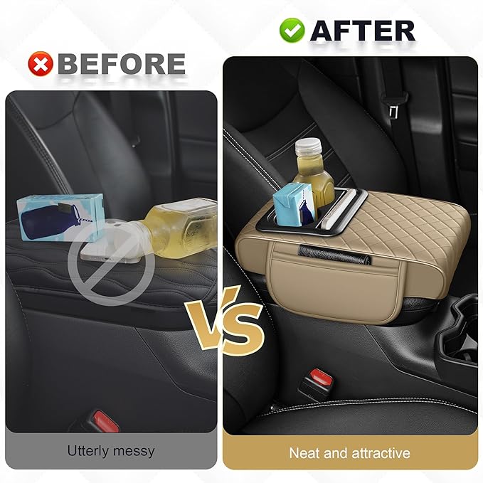 Center Console Cover for Civic: Armrest Cover for Car with 2 Storage Bags - Waterproof Leather Center Console Cover with Cup Holder for Car,Anti-Scratch Auto Armrest Pad Accessory （Beige