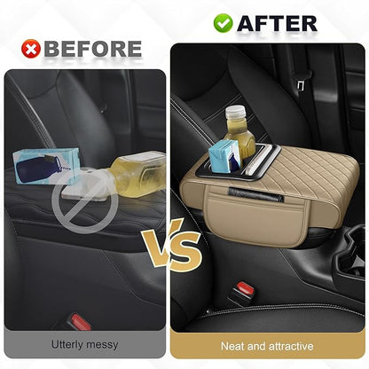 Center Console Cover for Clarity: Armrest Cover for Car with 2 Storage Bags - Waterproof Leather Center Console Cover with Cup Holder for Car,Anti-Scratch Auto Armrest Pad Accessory （Beige