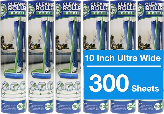 Leo Large 10-Inch Wide Lint Roller Refills 6 Rolls 300 Ultra-Wide Sheets for Lint Removers Household Cleaning Easily Remove Pet Hair Dust and Debris from Floors Carpets and Furniture