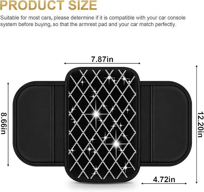 Center Console Cover Fit for TSX: Upgraded Bling Diamond Car Armrest Cover - Crystal Rhinestone Car Center Console Cover with 2 Storage Bags,Anti-Scratch Auto Armrest Pad Accessory （Black